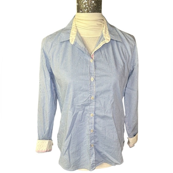 Saint James long sleeve button up shirt 42 US 10 blue striped Polka Dot - Picture 1 of 8